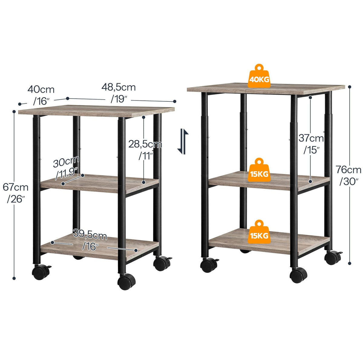 HOOBRO Druckertisch, Druckerwagen mit arretierbaren Rädern, Druckerständer rollbar mit 3 Ebenen, höhenverstellbar, leicht zu montieren, 48,5 x 40 x 67 cm, für Büro, Greige-Schwarz EBG03PS01G1
