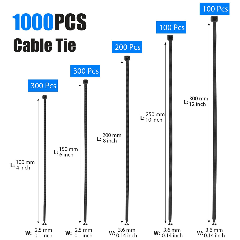 DUNSOO Kabelbinder Set 1000 Stück 100/150/200/250/300mm Schwarz UV Beständig Temperaturbeständig, Chemische Resistenz Cable Ties Heavy Duty Starke Zip Ties