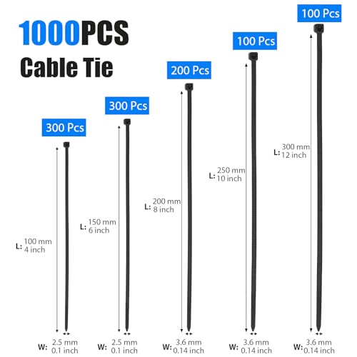 DUNSOO Kabelbinder Set 1000 Stück 100/150/200/250/300mm Schwarz UV Beständig Temperaturbeständig, Chemische Resistenz Cable Ties Heavy Duty Starke Zip Ties