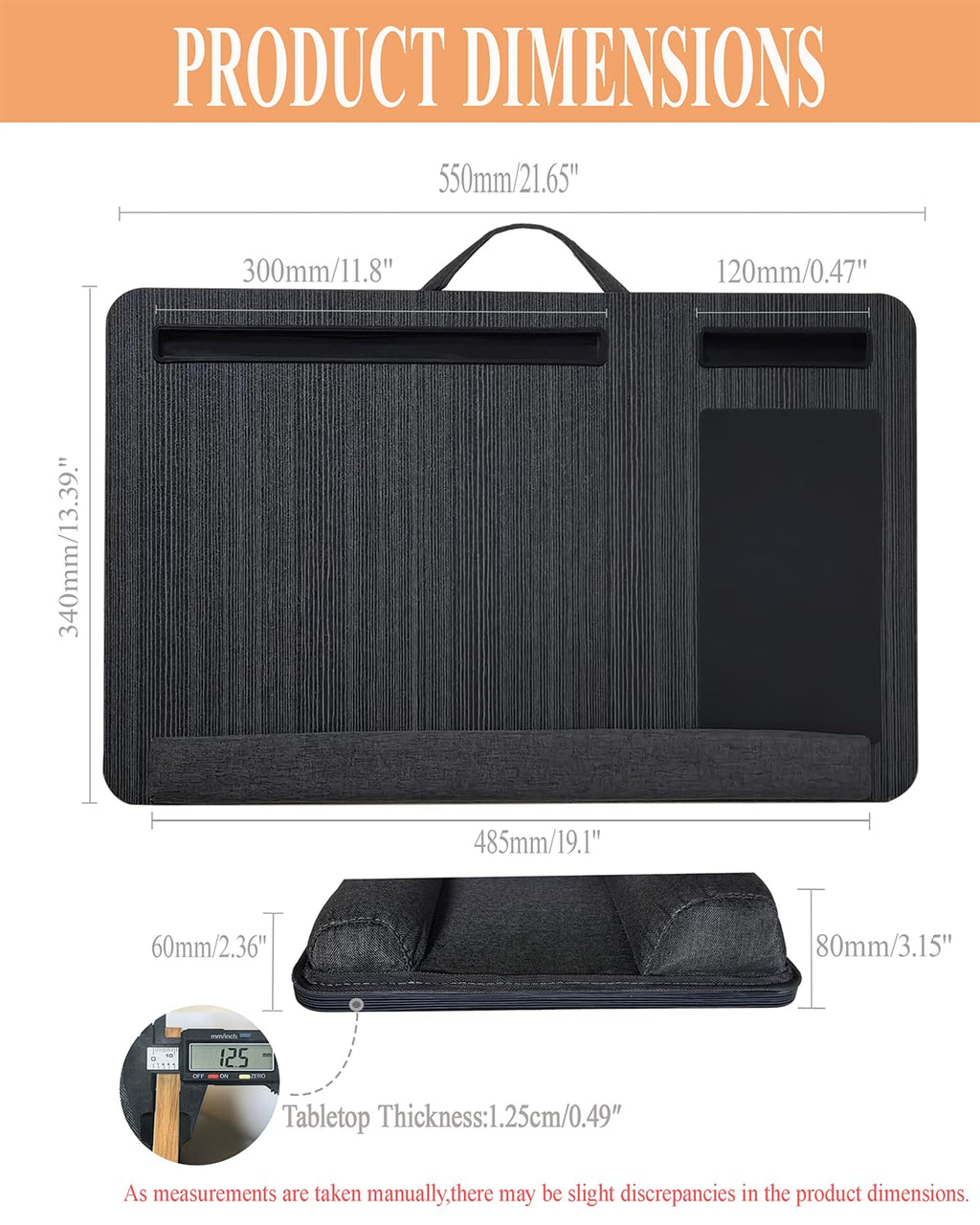 Laptopunterlage 55x34cm für Heim Bett Sofa mit Knietablett mit Kissen,Handgelenkauflage Handyhalter, Laptop Kissen für max 17.3” Notebook, mit mini-klappbarem Gerätehalterr (Schwarz)
