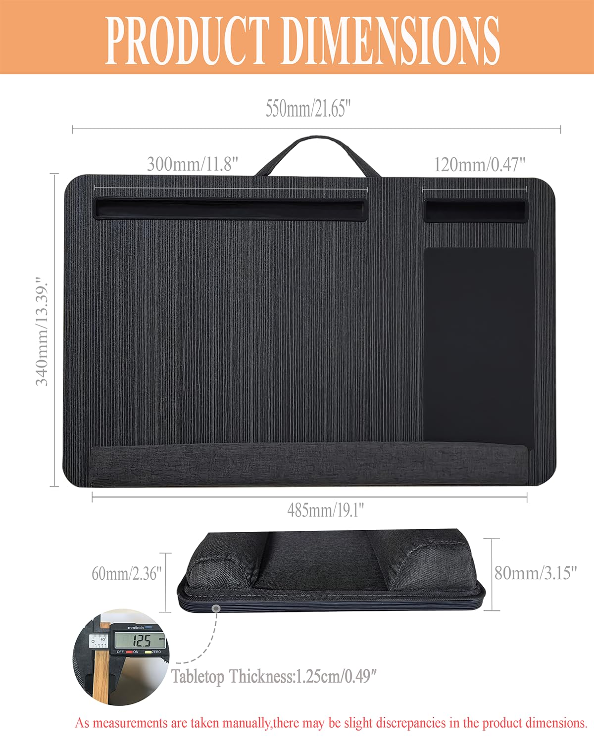 Laptopunterlage 55x34cm für Heim Bett Sofa mit Knietablett mit Kissen,Handgelenkauflage Handyhalter, Laptop Kissen für max 17.3” Notebook, mit mini-klappbarem Gerätehalterr (Schwarz)