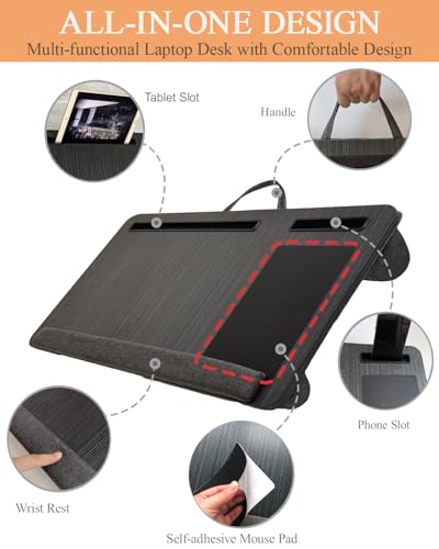 Laptopunterlage 55x34cm für Heim Bett Sofa mit Knietablett mit Kissen,Handgelenkauflage Handyhalter, Laptop Kissen für max 17.3” Notebook, mit mini-klappbarem Gerätehalterr (Schwarz)