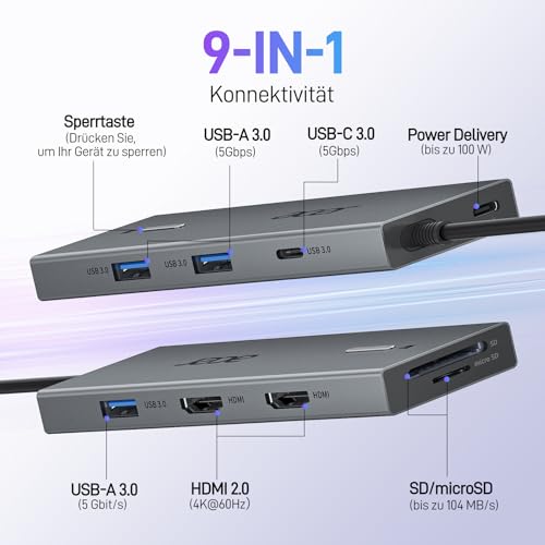 Acer USB C Docking Station Dual HDMI 4K@60Hz, 9IN1 mit 5Gbps Daten, 100W PD