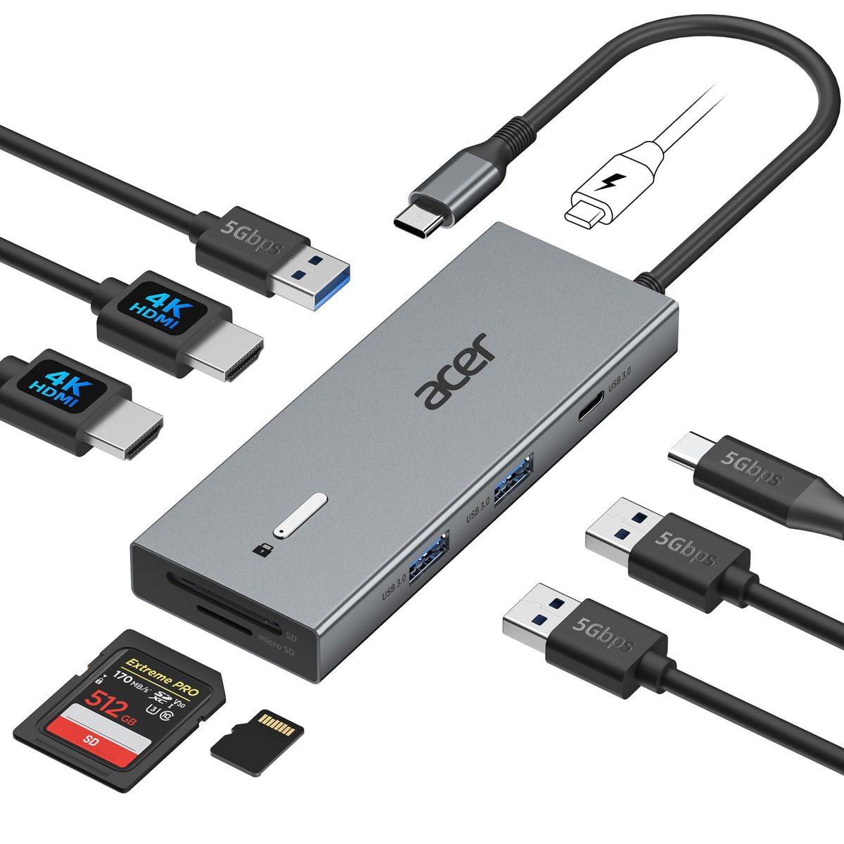 Acer USB C Docking Station Dual HDMI 4K@60Hz, 9IN1 mit 5Gbps Daten, 100W PD