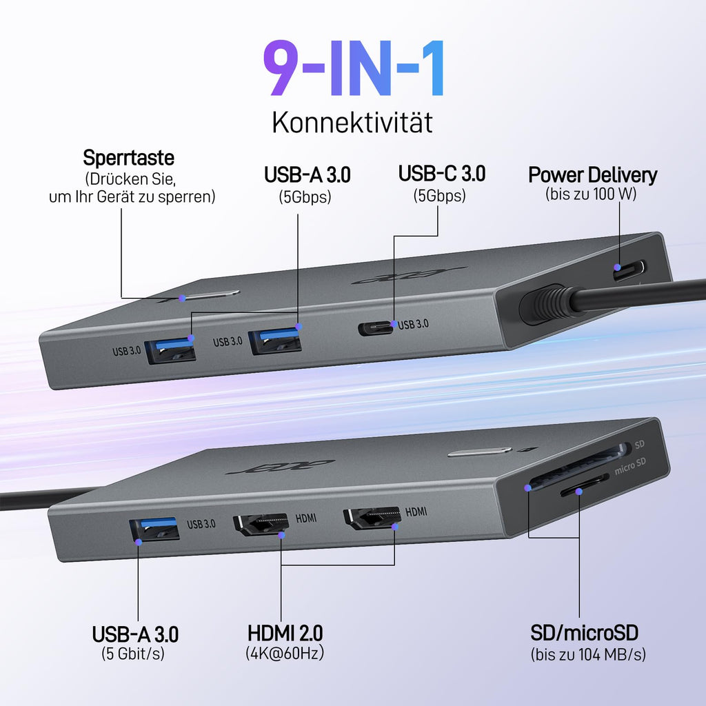Acer USB C Docking Station Dual HDMI 4K@60Hz, 9IN1 mit 5Gbps Daten, 100W PD