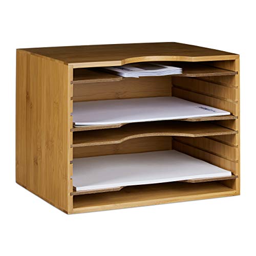 Relaxdays Briefablage, HxBxT:26x33x24,5cm, 4 Variable Einlegeböden, Dokumentenablage aus Bambus, Natur