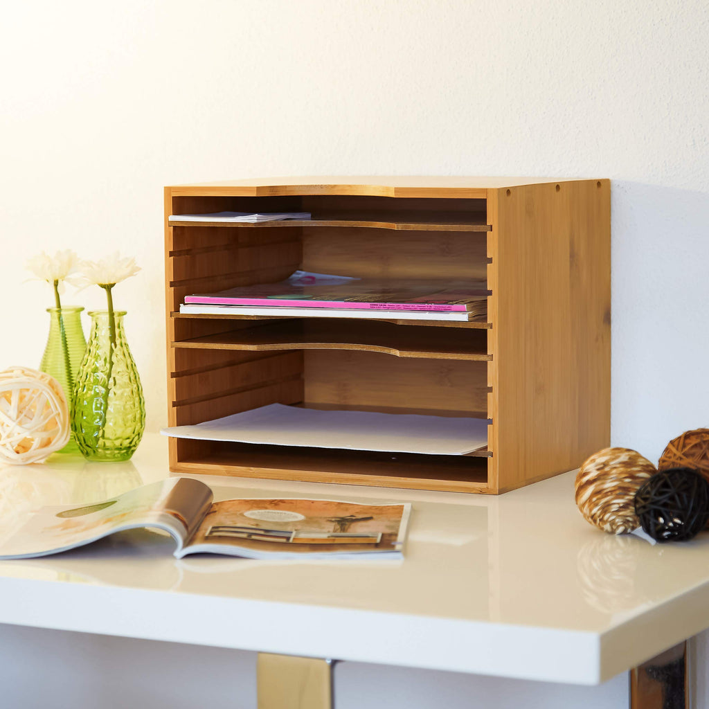 Relaxdays Briefablage, HxBxT:26x33x24,5cm, 4 Variable Einlegeböden, Dokumentenablage aus Bambus, Natur
