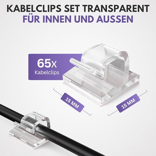 Filzada® 65x Kabelhalter Selbstklebend Transparent - Kabelclips Outdoor