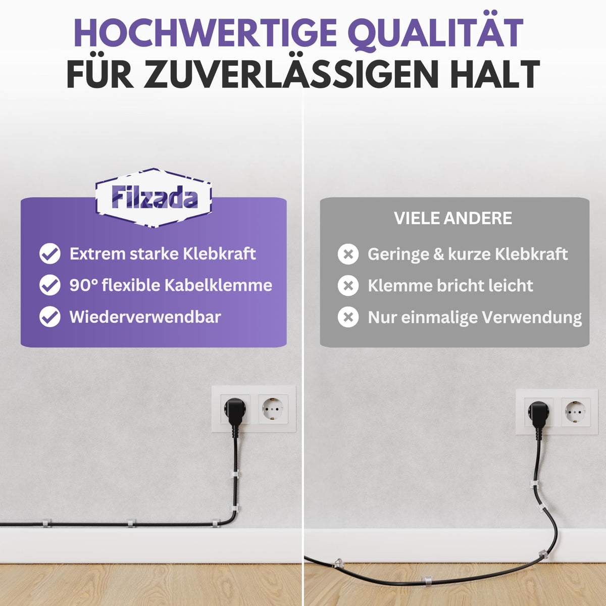Filzada® 65x Kabelhalter Selbstklebend Transparent - Kabelclips Outdoor