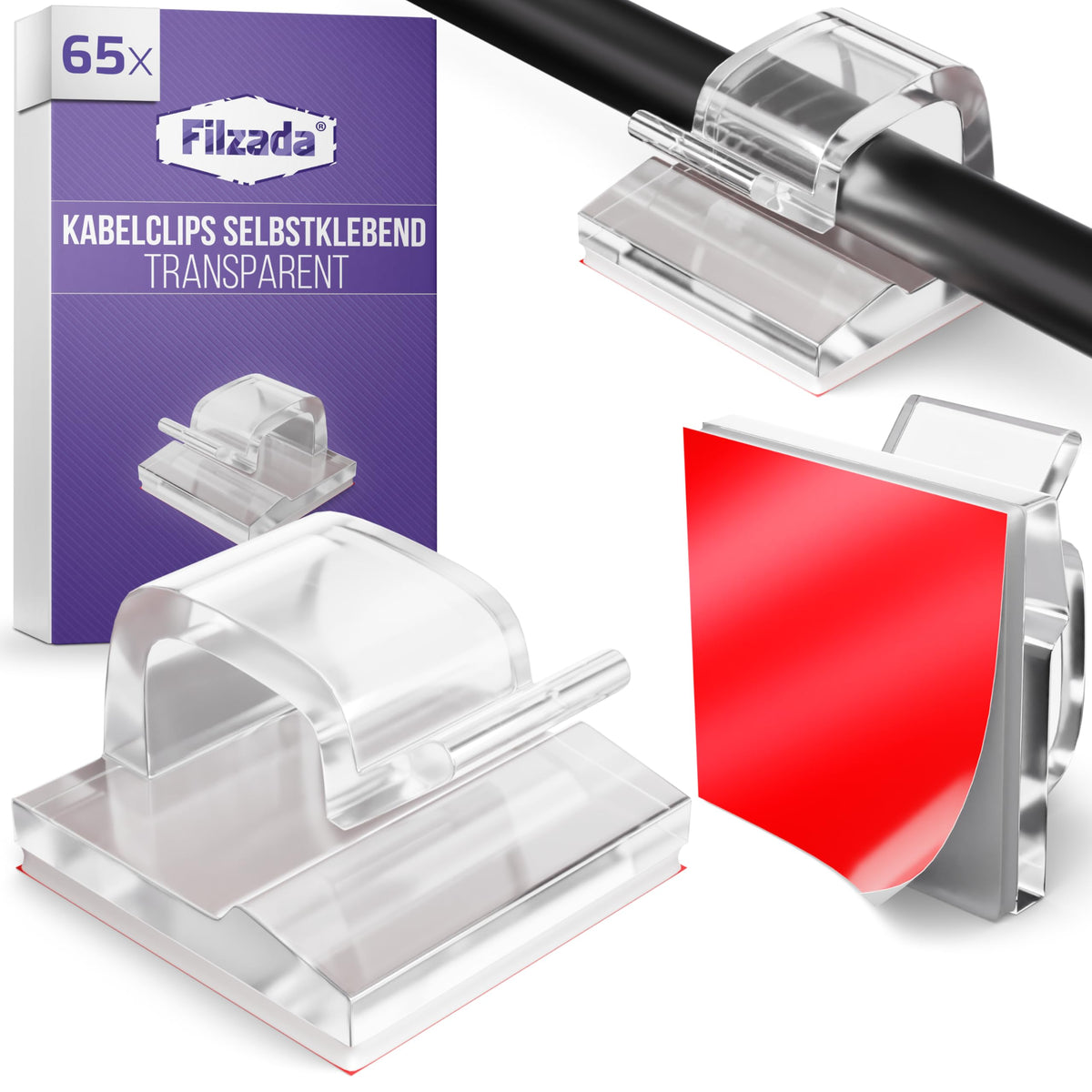 Filzada® 65x Kabelhalter Selbstklebend Transparent - Kabelclips Outdoor