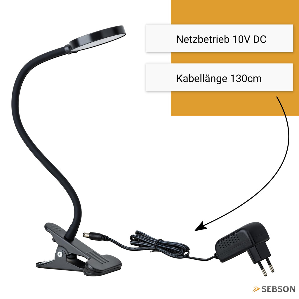 SEBSON Klemmlampe Bett 4W - dimmbare Schreibtischlampe mit Kabel & Stecker