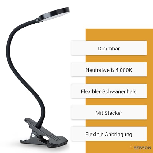 SEBSON Klemmlampe Bett 4W - dimmbare Schreibtischlampe mit Kabel & Stecker