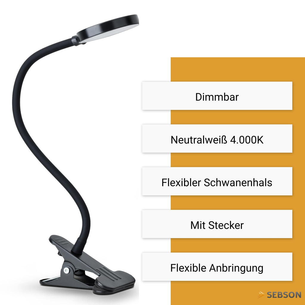 SEBSON Klemmlampe Bett 4W - dimmbare Schreibtischlampe mit Kabel & Stecker
