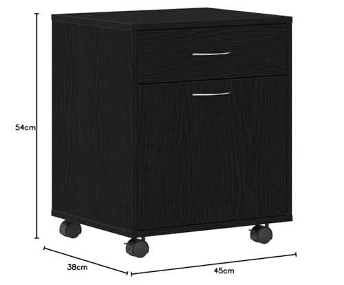 Büroschrank Schwarze Eiche 45x38x54 cm mit Rollen, Holz Aufbewahrung, Flächenbündige Tür, D-Griffe, Homeoffice