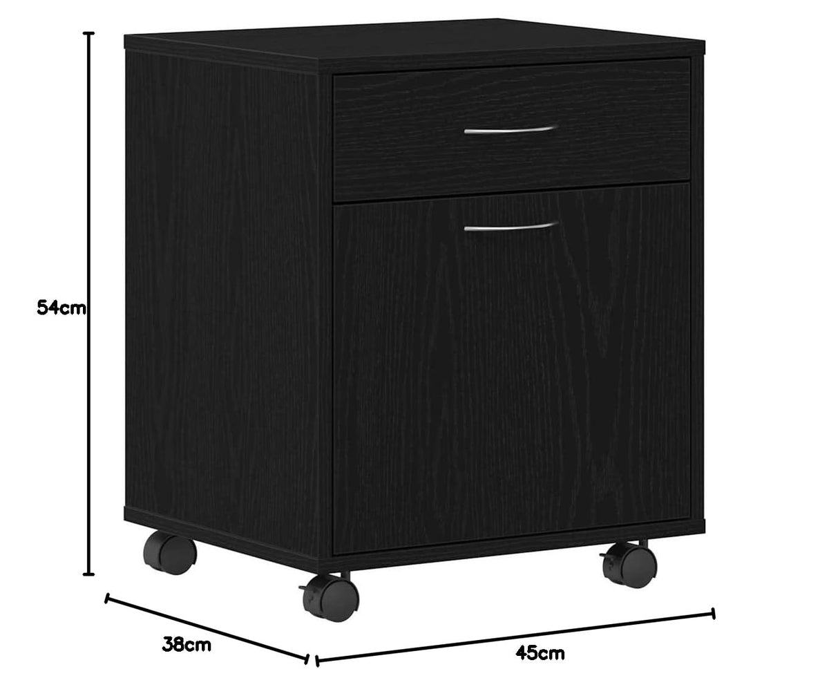 Büroschrank Schwarze Eiche 45x38x54 cm mit Rollen, Holz Aufbewahrung, Flächenbündige Tür, D-Griffe, Homeoffice
