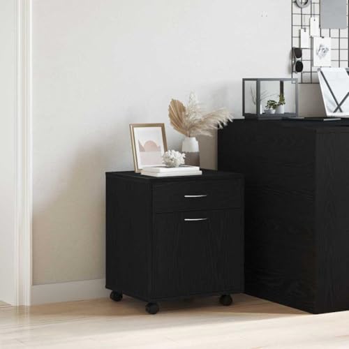 Büroschrank Schwarze Eiche 45x38x54 cm mit Rollen, Holz Aufbewahrung, Flächenbündige Tür, D-Griffe, Homeoffice