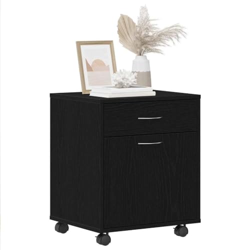 Büroschrank Schwarze Eiche 45x38x54 cm mit Rollen, Holz Aufbewahrung, Flächenbündige Tür, D-Griffe, Homeoffice