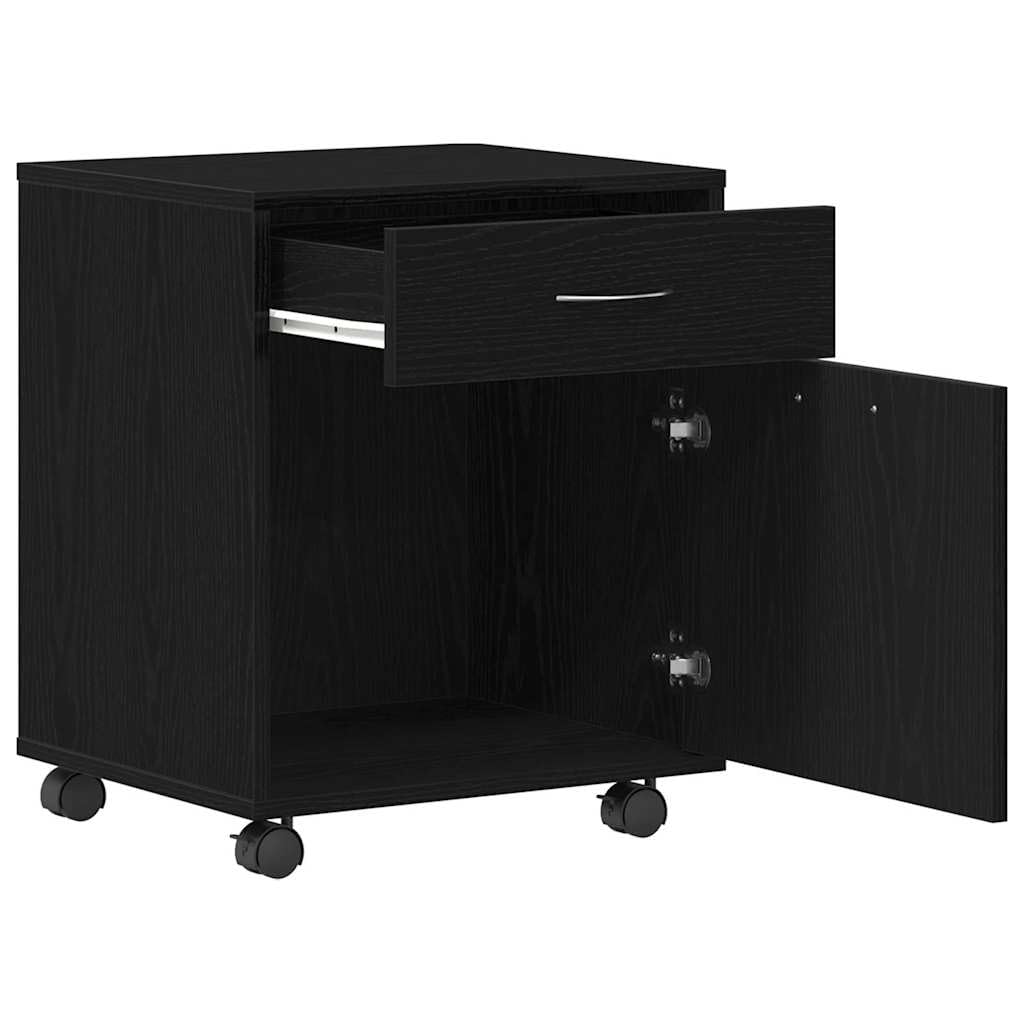 Büroschrank Schwarze Eiche 45x38x54 cm mit Rollen, Holz Aufbewahrung, Flächenbündige Tür, D-Griffe, Homeoffice