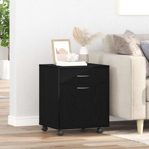 Büroschrank Schwarze Eiche 45x38x54 cm mit Rollen, Holz Aufbewahrung, Flächenbündige Tür, D-Griffe, Homeoffice