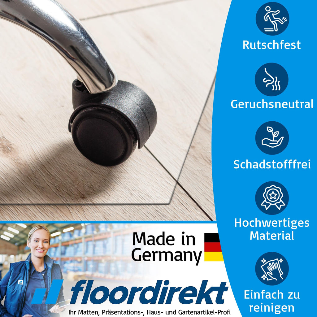 Floordirekt Bürostuhlunterlage Bodenschutzmatte - Bodenmatte Stuhlunterlage - Transparent - Stärke: 1,5 mm - Bodenschutzmatte für Hartböden (Neo, Breite: 150 cm, Länge: 200 cm)