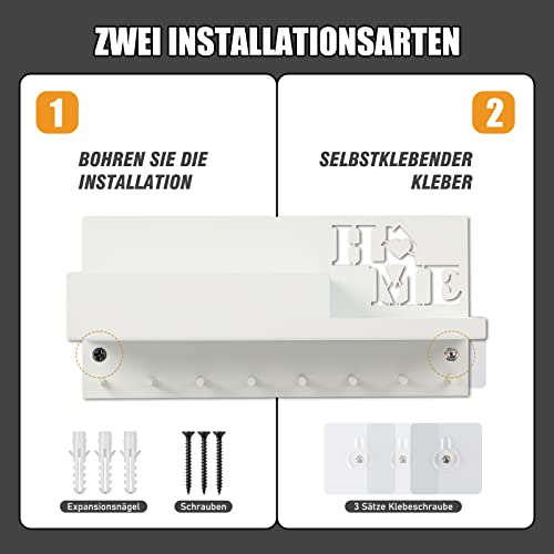 MaxAwe Schlüssel Aufbewahrung Schlüsselhalter, Weiß Schlüsselbrett mit 8 Haken und Ablage, Wand Schlüsselhaken, Wandregal für Schlüsselanhänger Organizer, für Eingang Wohnzimmer Flur Küche Büro