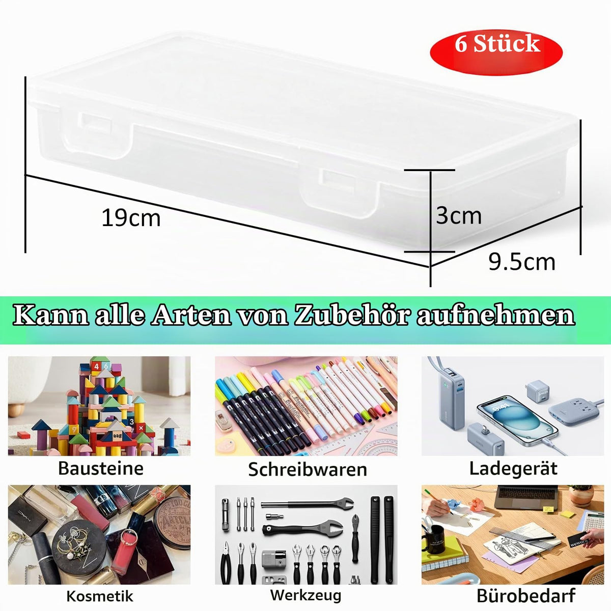 6 Pcs Stiftebox, Stapelbare Durchsichtige Stifte Box, 19x9.5x3cm