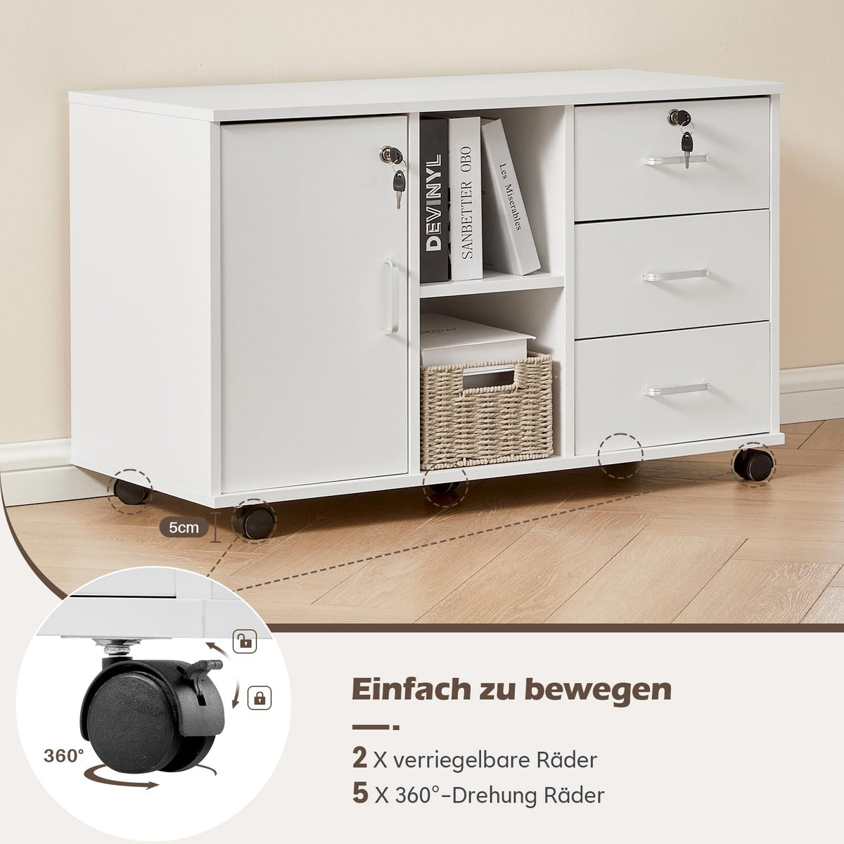 TUKAILAI Rollcontainer mit Schubladen, offene Regale, Aktenschrank, Weiß