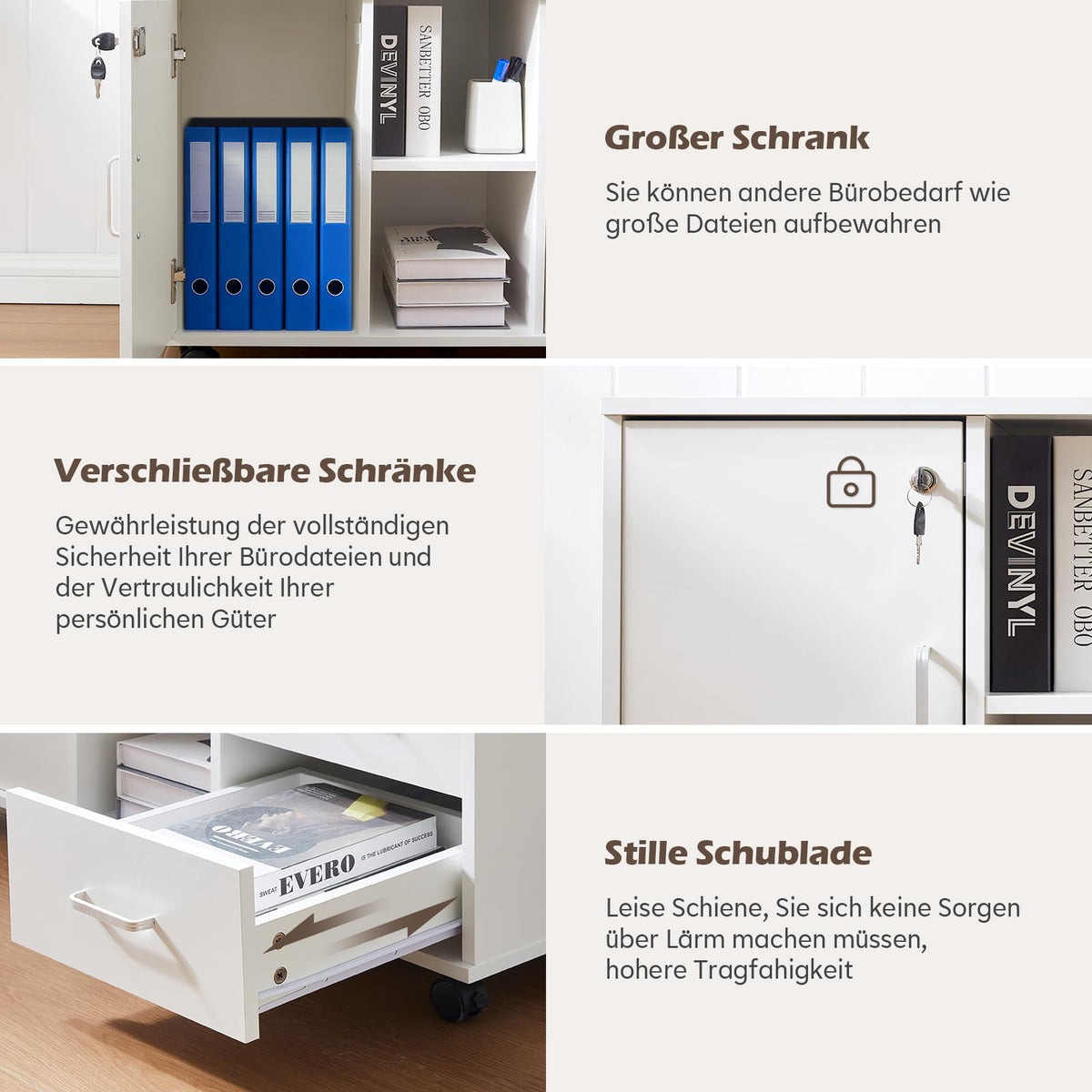 TUKAILAI Rollcontainer mit Schubladen, offene Regale, Aktenschrank, Weiß