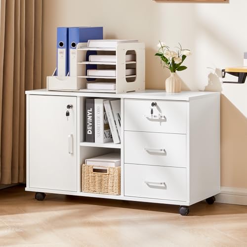TUKAILAI Rollcontainer mit Schubladen, offene Regale, Aktenschrank, Weiß