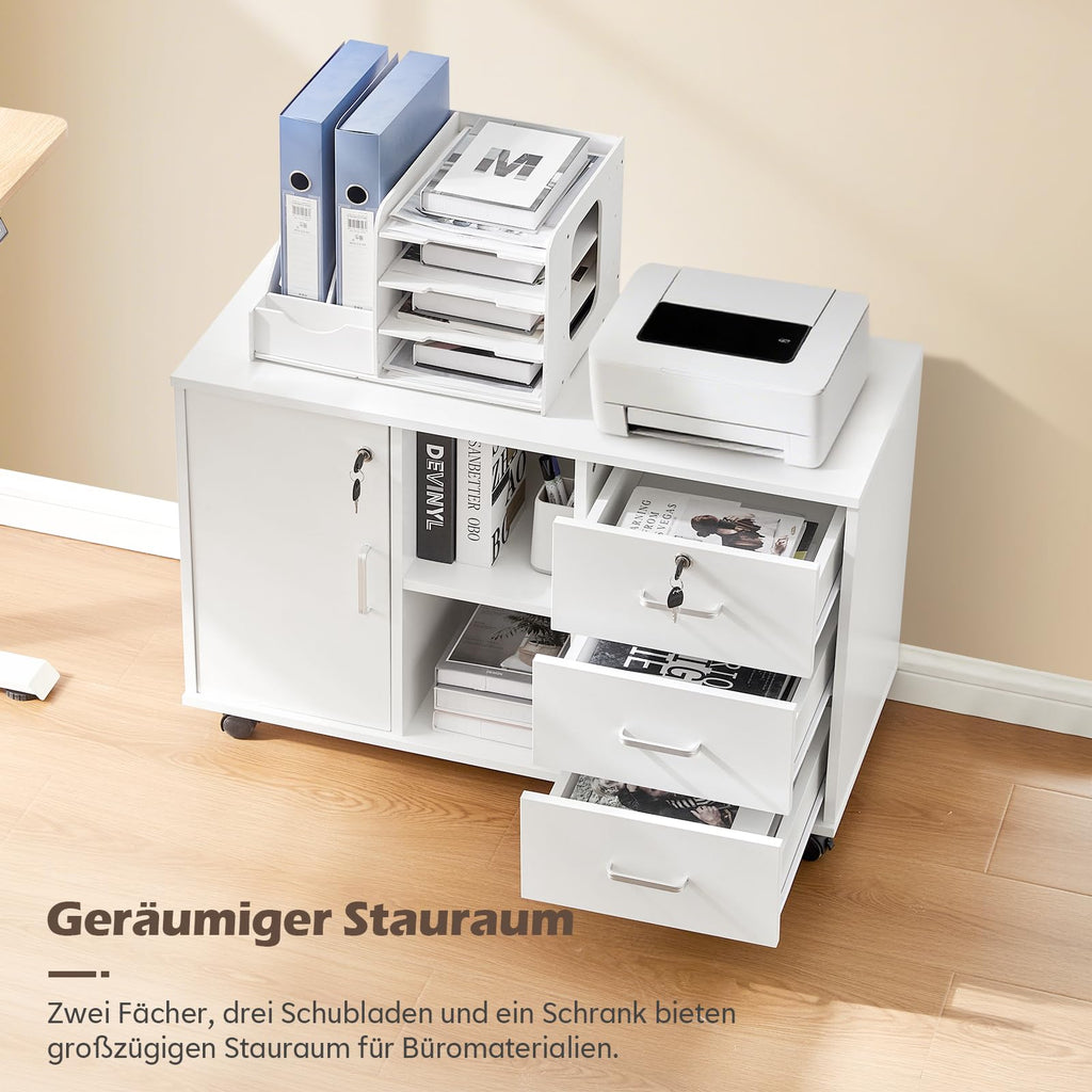 TUKAILAI Rollcontainer mit Schubladen, offene Regale, Aktenschrank, Weiß