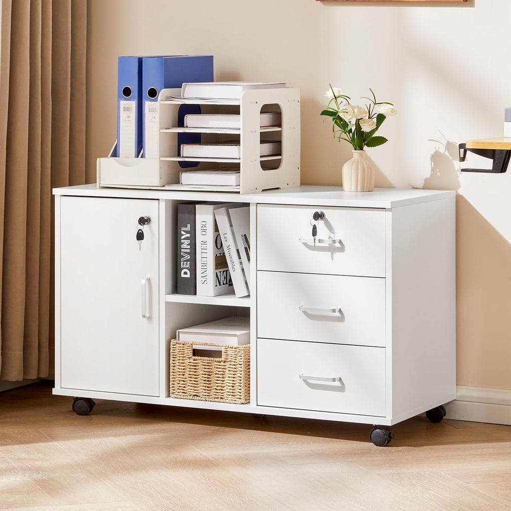 TUKAILAI Rollcontainer mit Schubladen, offene Regale, Aktenschrank, Weiß