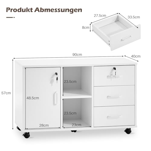 TUKAILAI Rollcontainer mit Schubladen, offene Regale, Aktenschrank, Weiß