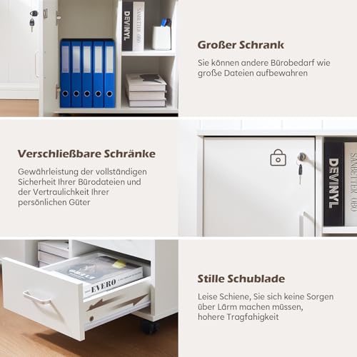 TUKAILAI Rollcontainer mit Schubladen, offene Regale, Aktenschrank, Weiß