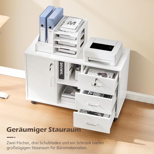 TUKAILAI Rollcontainer mit Schubladen, offene Regale, Aktenschrank, Weiß