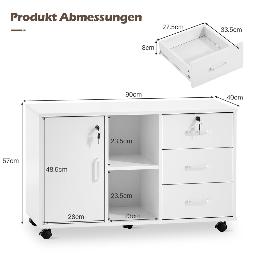 TUKAILAI Rollcontainer mit Schubladen, offene Regale, Aktenschrank, Weiß