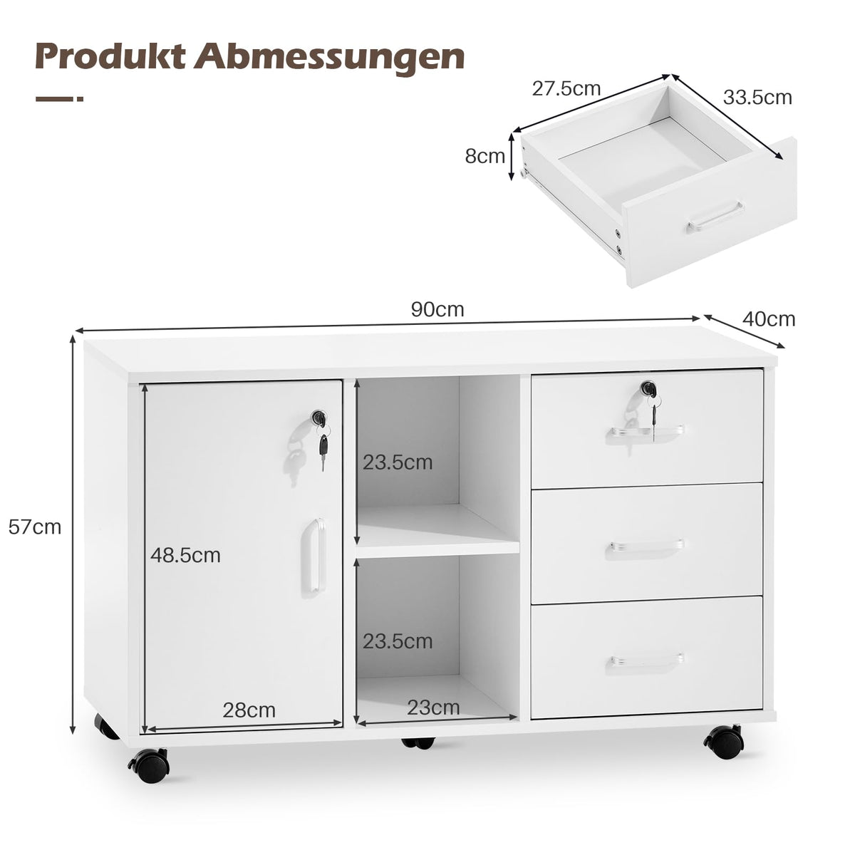 TUKAILAI Rollcontainer mit Schubladen, offene Regale, Aktenschrank, Weiß