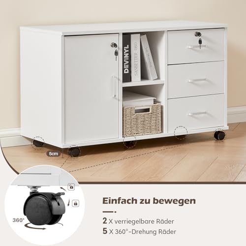 TUKAILAI Rollcontainer mit Schubladen, offene Regale, Aktenschrank, Weiß