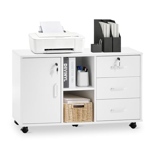 TUKAILAI Rollcontainer mit Schubladen, offene Regale, Aktenschrank, Weiß