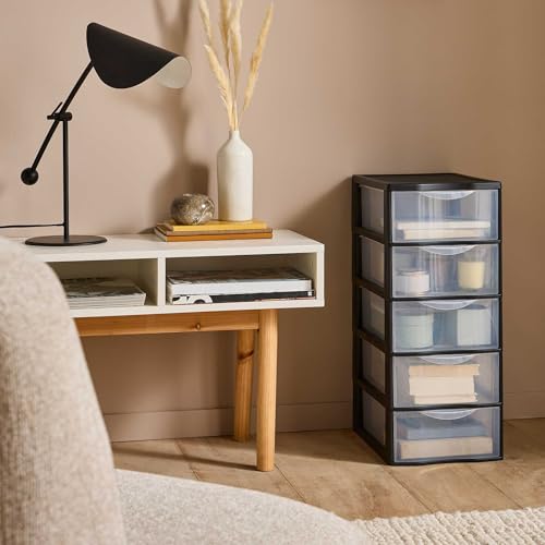 SUNDIS Orgamix, schubladenbox aus Kunststoff, 5 transparente Schubladen im A4-Papierformat, Höhe 61 cm, ideal zur Aufbewahrung von Büchern, Kursen, Dokumenten, Zubehör, Accessoires