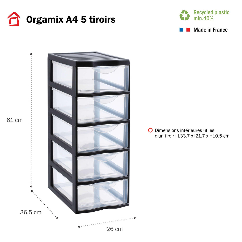 SUNDIS Orgamix, schubladenbox aus Kunststoff, 5 transparente Schubladen im A4-Papierformat, Höhe 61 cm, ideal zur Aufbewahrung von Büchern, Kursen, Dokumenten, Zubehör, Accessoires
