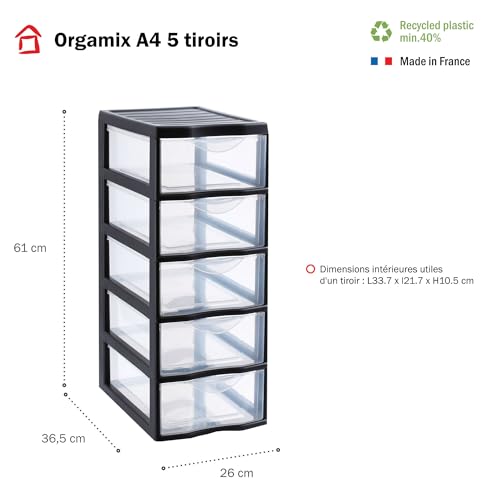 SUNDIS Orgamix, schubladenbox aus Kunststoff, 5 transparente Schubladen im A4-Papierformat, Höhe 61 cm, ideal zur Aufbewahrung von Büchern, Kursen, Dokumenten, Zubehör, Accessoires