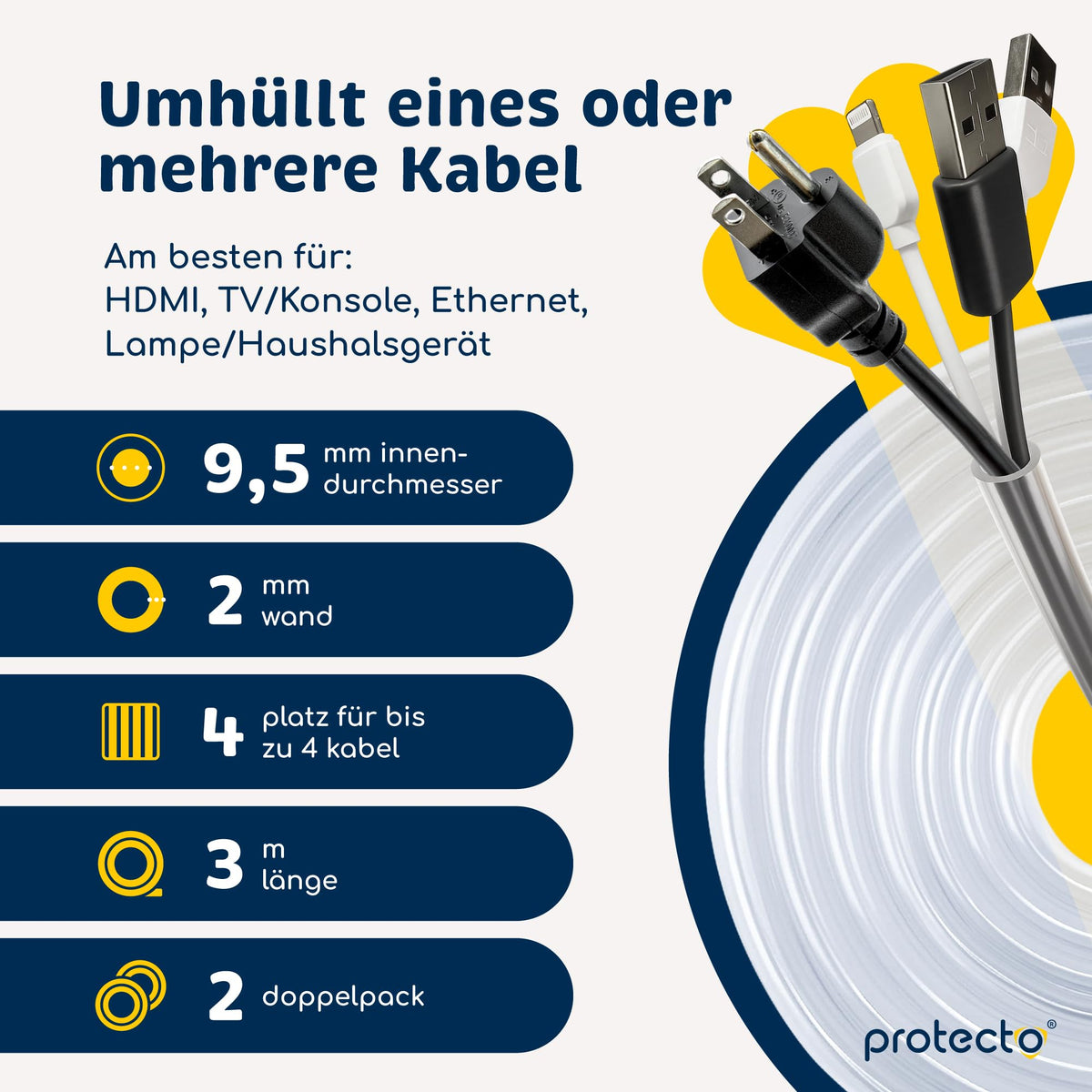 PROTECTO 2-Pack Flexibler Tier – Kabelschutz, Transparentes, Beißfest, 3 m lang/Ø 9mm Kabelschlauch - für Katze & Hund, Schutz für Strom- Ladekabel – Beleuchtung, RCA, HDMI | Universelle Kabelhülle