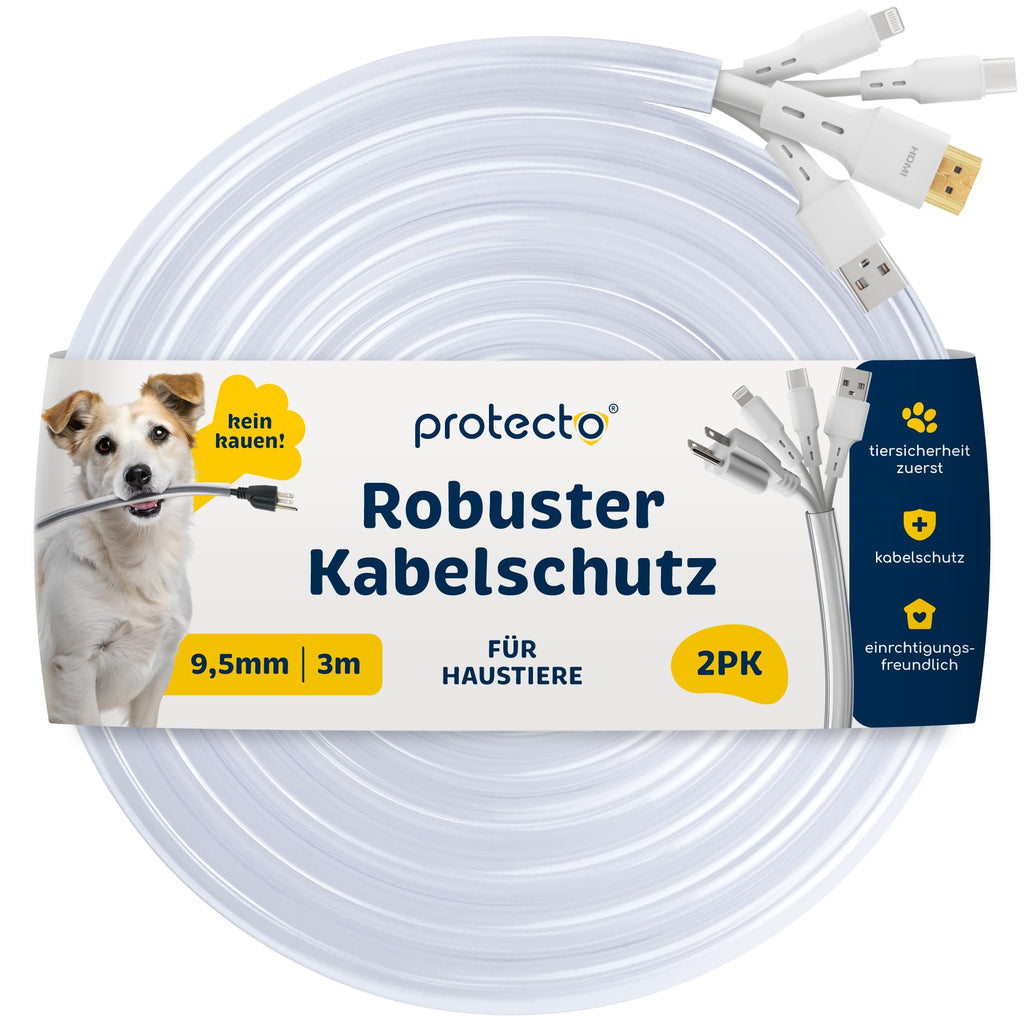 PROTECTO 2-Pack Flexibler Tier – Kabelschutz, Transparentes, Beißfest, 3 m lang/Ø 9mm Kabelschlauch - für Katze & Hund, Schutz für Strom- Ladekabel – Beleuchtung, RCA, HDMI | Universelle Kabelhülle