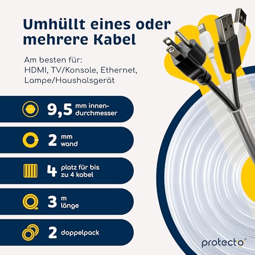 PROTECTO 2-Pack Flexibler Tier – Kabelschutz, Transparentes, Beißfest, 3 m lang/Ø 9mm Kabelschlauch - für Katze & Hund, Schutz für Strom- Ladekabel – Beleuchtung, RCA, HDMI | Universelle Kabelhülle