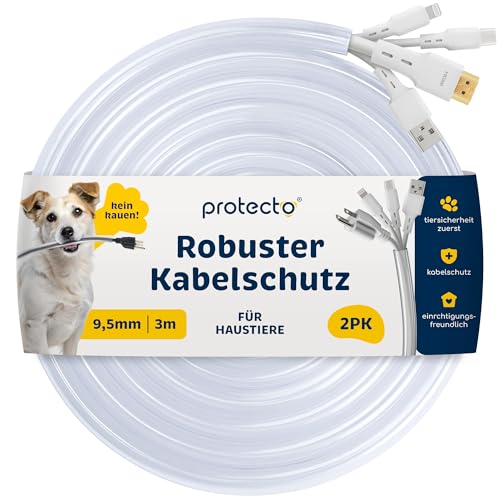 PROTECTO 2-Pack Flexibler Tier – Kabelschutz, Transparentes, Beißfest, 3 m lang/Ø 9mm Kabelschlauch - für Katze & Hund, Schutz für Strom- Ladekabel – Beleuchtung, RCA, HDMI | Universelle Kabelhülle