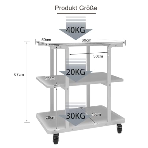 PUNCIA 3-Ebenen Druckertisch Druckerständer mit Rollen 60 x 50 cm Weiß