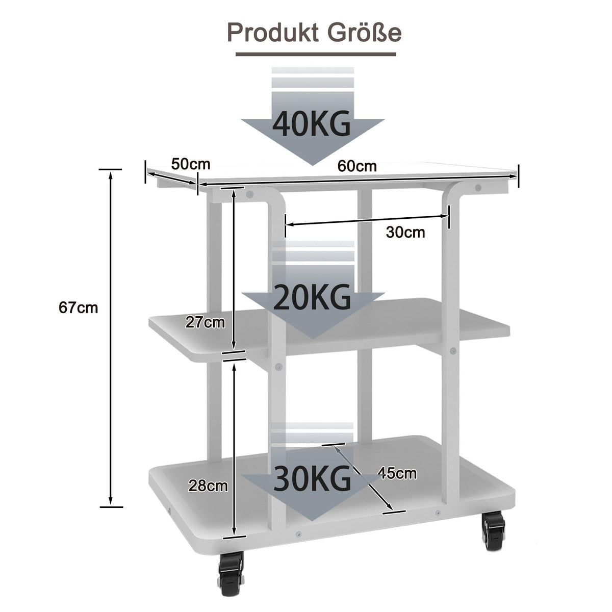 PUNCIA 3-Ebenen Druckertisch Druckerständer mit Rollen 60 x 50 cm Weiß
