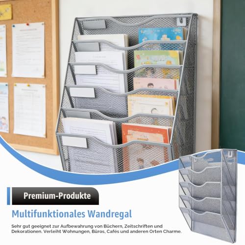 5 Fächer Zeitschriftenhalter Wand, Metall A4 Zeitschriftenhalter, Zusammensetzen Metall A4, Hängeregister Zeitschriftenständer Wand, Wandhalter Aktenablage Für Dokumente,Zeitschriften,Zeitungen,Silber