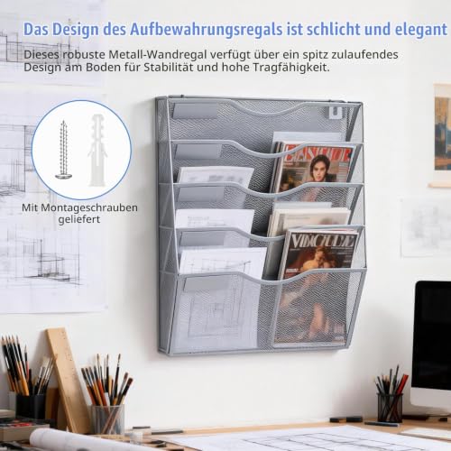 5 Fächer Zeitschriftenhalter Wand, Metall A4 Zeitschriftenhalter, Zusammensetzen Metall A4, Hängeregister Zeitschriftenständer Wand, Wandhalter Aktenablage Für Dokumente,Zeitschriften,Zeitungen,Silber