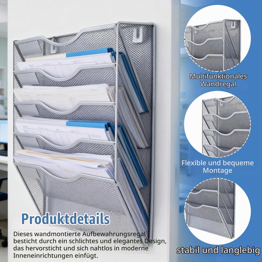 5 Fächer Zeitschriftenhalter Wand, Metall A4 Zeitschriftenhalter, Zusammensetzen Metall A4, Hängeregister Zeitschriftenständer Wand, Wandhalter Aktenablage Für Dokumente,Zeitschriften,Zeitungen,Silber